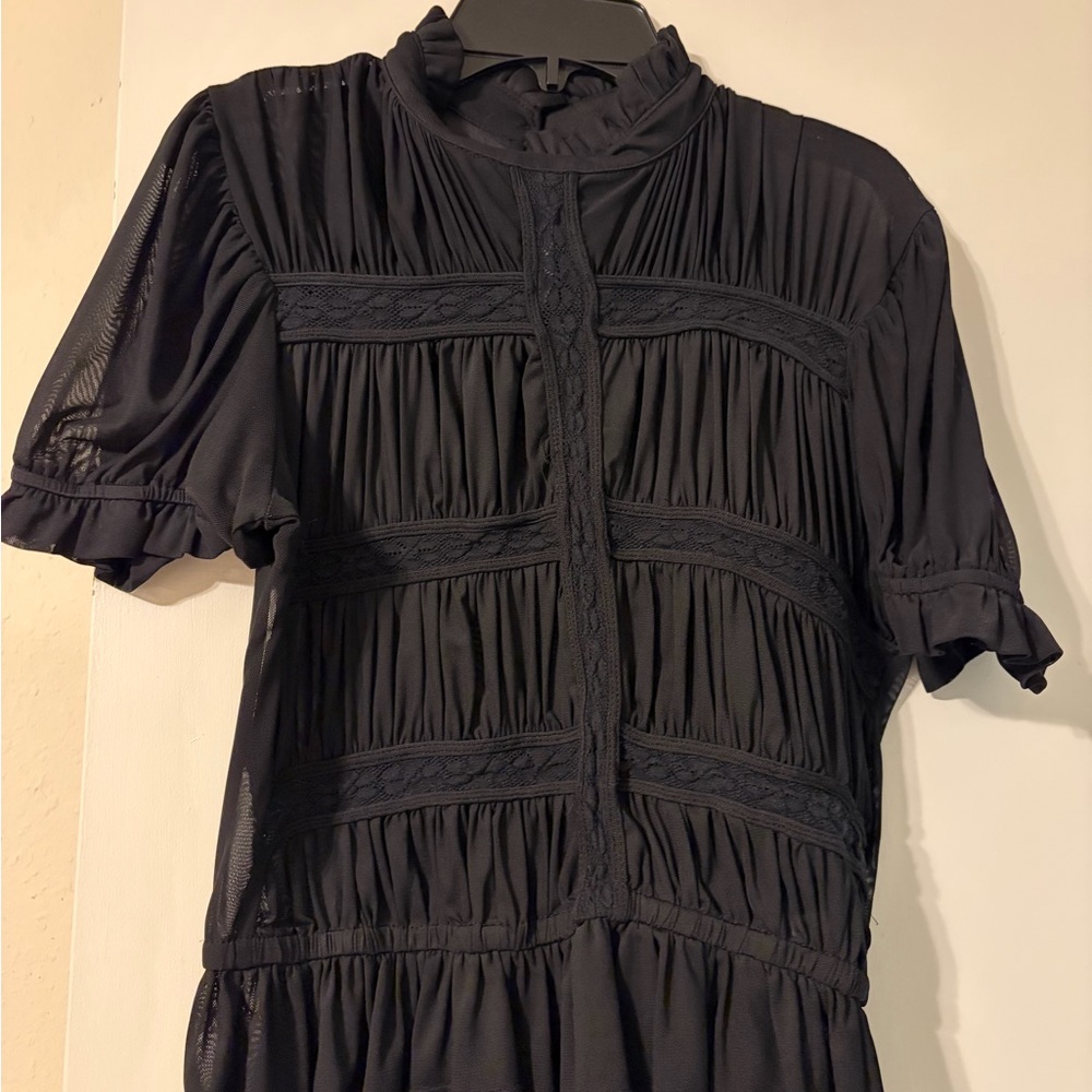 Black Ruched Lace Panel Short Sleeve Shirt